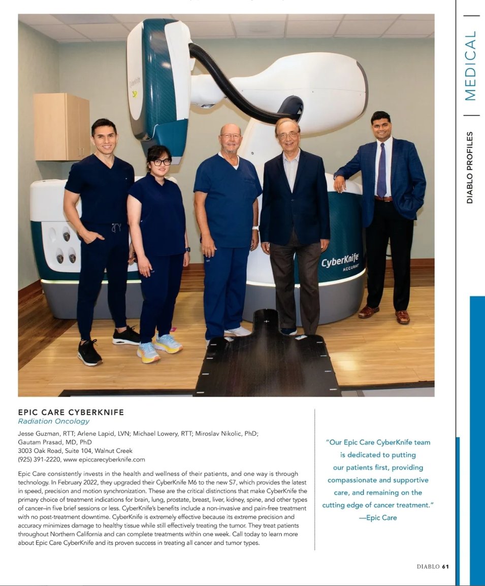 EpicCare's tweet photo. Our Walnut Creek Care Center, located on Oak Road, offers a highly advanced radiation treatment option called CyberKnife.
Check out our #diablomagazine spotlight featured in this month's October edition to learn more. https://t.co/XYyNS5Z6pY
#epiccare #cyberknife #radiation https://t.co/2Ffvp8FN6j