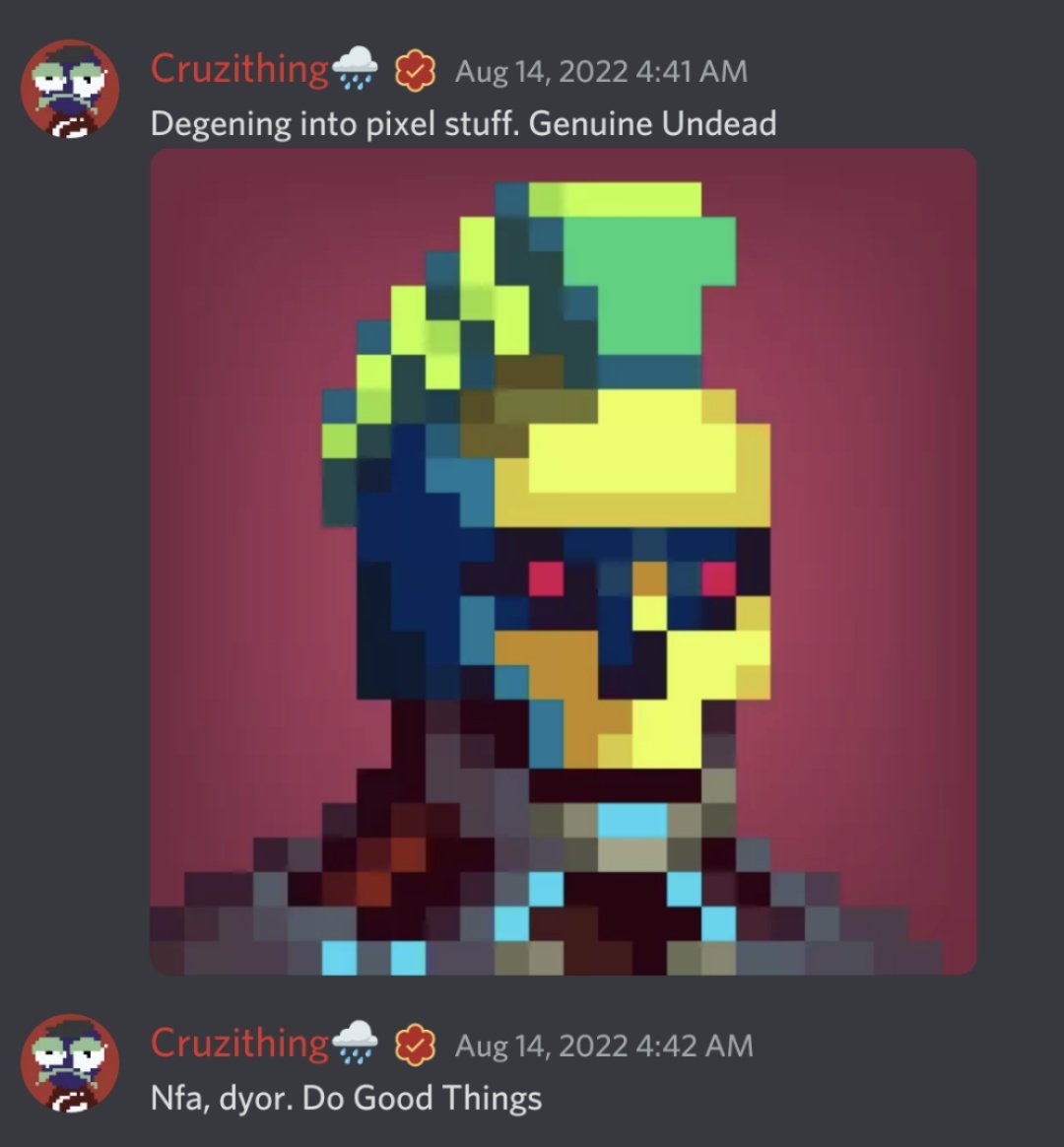 cruztozero's tweet photo. Two months ago @GenuineUndead #UndeadNeverDie #GenuineUndead #nfts #NFTCollection #NftColllector #pixelstuff https://t.co/BYlU6Bz9PS