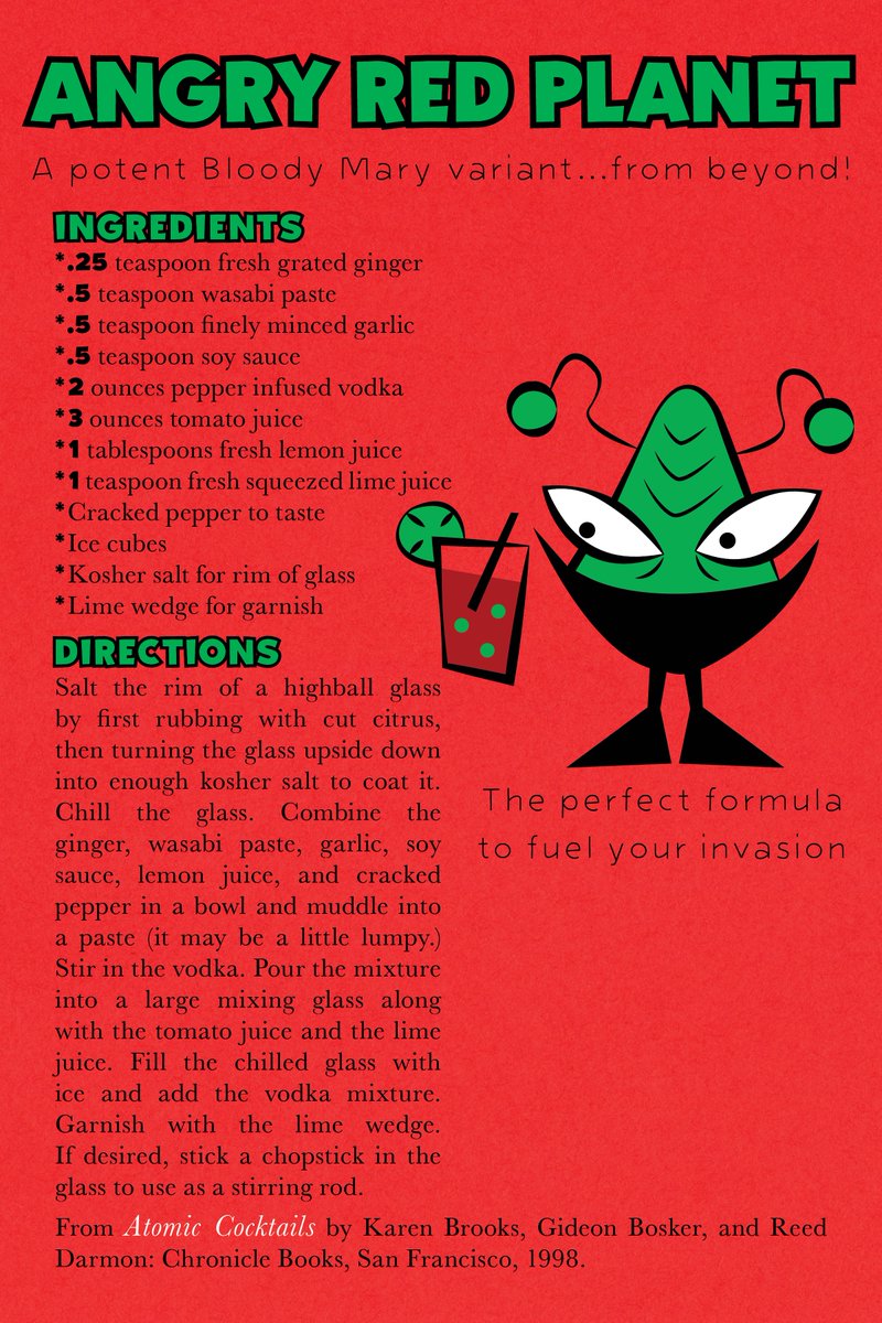 ItsgabboGabe's tweet photo. I thought it would be fun to design some cocktail cards, so I started with "Angry Red Planet". The recipe is not mine; I once saw it in a book (credits listed on card). If you make this, please share.

#Gabolical #cocktail #cocktailcard #martian #AngryRedPlanet #recipecard https://t.co/gp1N1K40FI