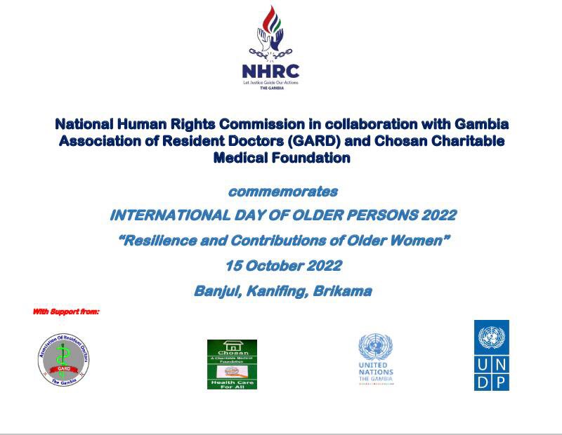 We will be providing health consultation and education to female geriatrics this Sunday 14/10/22. Locations: Banjul (McCarthy Square), Kanifing (Fr Farrell Memorial Hall) &amp; Brikama (Brikama District Hospital).

We are grateful to work with the NHRC, CCMF, UN and UNDP on this.
