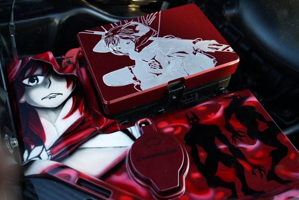 Rogue_charger's tweet photo. It's definitely been a struggle for sure trying to do a Ruby Rose theme build from RWBY. Heres some details under the hood.
#RWBY #roosterteeth #RubyRose #crescentrose #DodgeCharger #dodge #charger #themebuild #airbrush #billettechnology https://t.co/yVULM02iSu
