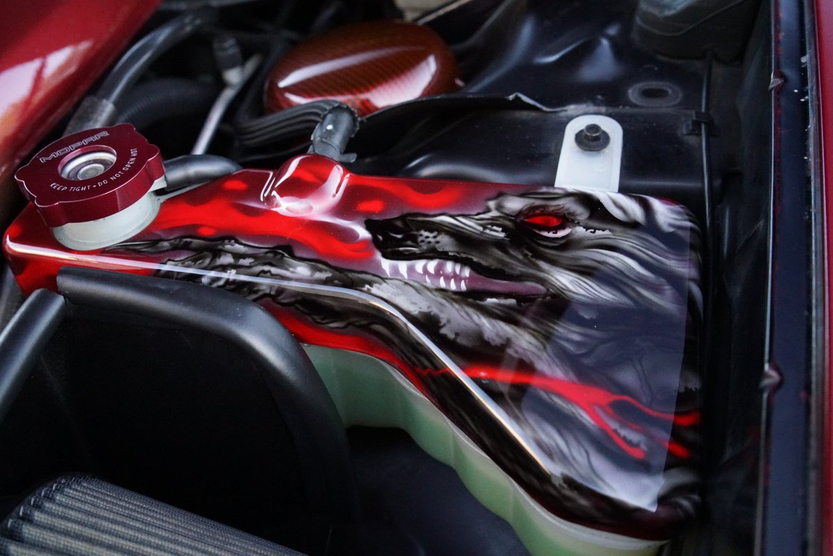 Rogue_charger's tweet photo. It's definitely been a struggle for sure trying to do a Ruby Rose theme build from RWBY. Heres some details under the hood.
#RWBY #roosterteeth #RubyRose #crescentrose #DodgeCharger #dodge #charger #themebuild #airbrush #billettechnology https://t.co/yVULM02iSu