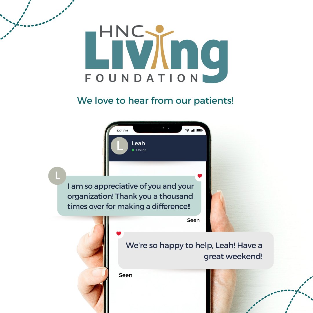 HNCLiving's tweet photo. Leah sending us into the weekend with this sweet text. We are so grateful to help patients like Leah! https://t.co/CE21cRNNOh