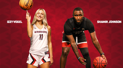 ESUWarriors's tweet photo. Your Warrior Madness 3-point contest champions:

Izzy Vogel and Shamir Johnson 🔥

Vogel and Johnson combined for 33 3-pointers in the championship round!

@ESU_WBB x @ESUMBB  

#RelentlesS #WhereWarriorsBelong https://t.co/yXWFP5zEYG