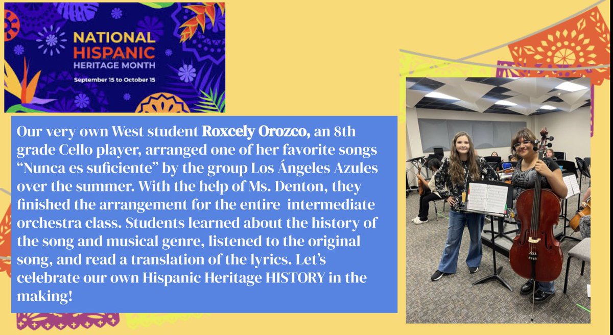 SarahMcClain_1's tweet photo. Take a look at this awesomeness happening @rwestjh! Shout out to @MsTDenton for going over and beyond for her students! 🧡💙 @KimberlyKindred @CarissaCarey @BagheriPantea #exceedthevision  #RISDHonorsHeritage #RISDHispanicHeritageMonth https://t.co/ZaIFfPoaCN