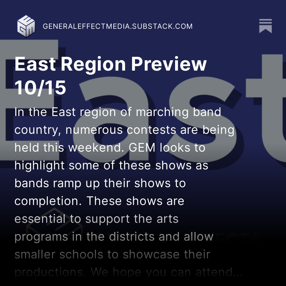 Here's <a href="/joshahines/">Josh Hines</a> with the East Preview! #band #marchingband #usbands generaleffectmedia.substack.com/p/east-region-…