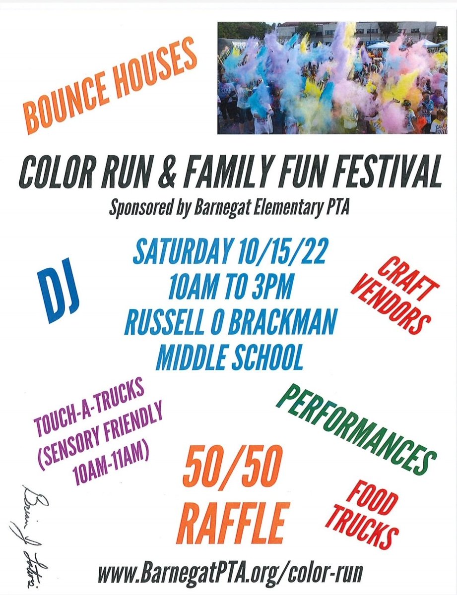 Setup has begun!  #OneMoreSleep #ColorRun #LetsGooo #Barnegat

- Run time is 1:30PM
- Prize / tshirt packet is at the PTA tent
- Shuttles available from the high school
- Festivities start at 10am