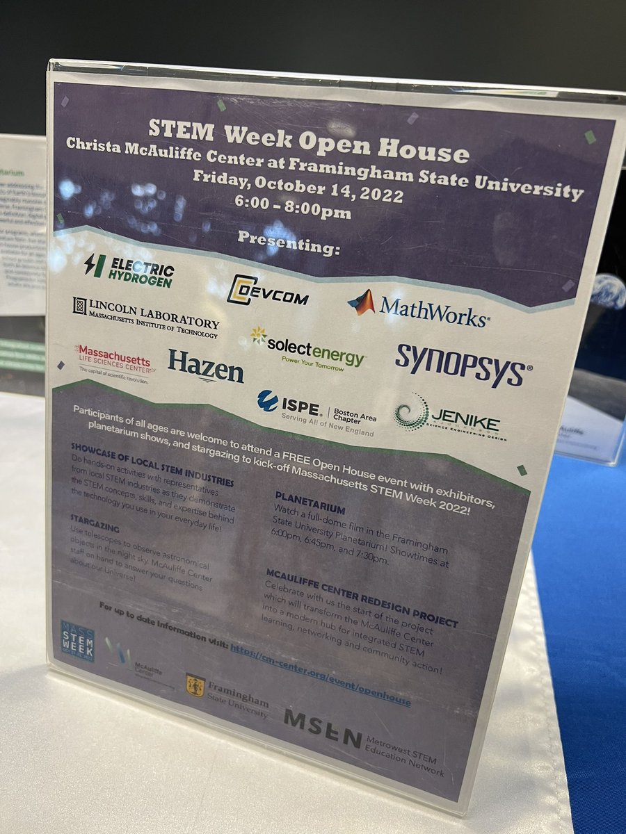 The @MALifeSciences Center is starting #MassSTEMWeek early this year at the @McAuliffeCenter with our partners @MetrowestSTEM & @FraminghamU. @MassSTEMWeek #SeeYourselfInSTEM