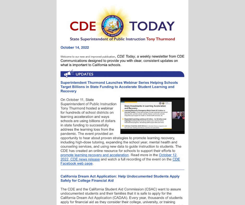 Accelerate Student Learning Webinar Series Launched 💡, Digital Citizenship Week 🖥️ and more in this week's issue of CDE Today. To subscribe, visit: ow.ly/LgW750LaLiC