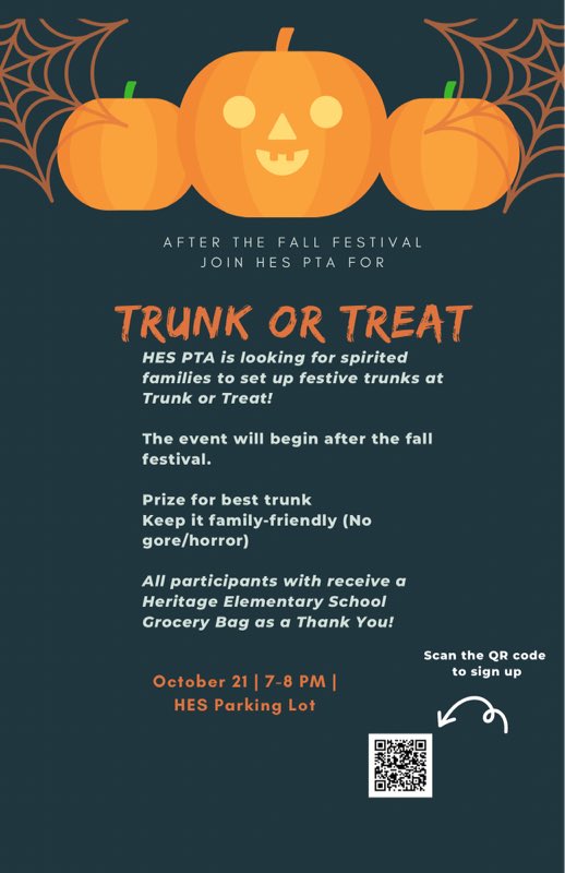 We’re looking for more families to participate in Trunk or Treat! If you’re interested, sign up here: signup.com/go/AsGKFKs

Please sign up no later than this Thursday (October 20th). We want to make sure to reserve enough parking spaces for all families participating.