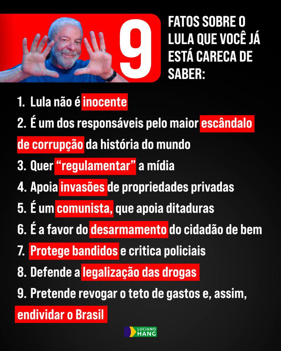 veiodahavanbr's tweet photo. Eu estou careca de saber desses fatos cabeludos sobre o Lula, mas como recordar é viver, compartilho com vocês 9 informações sobre o ex-presidiário, que não podemos esquecer. Dia 30, vote 22! Estamos juntos! https://t.co/sVzCF4unzU