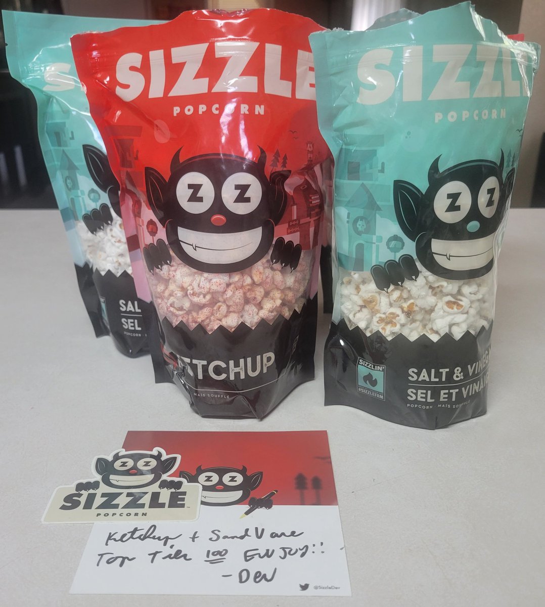 Shottyyotty's tweet photo. Yoo! My @SizzlePopcorn order came!! These are fire dude! Me and my toddler love the ketchup one and my wife loves the salt and vinegar one! Can't wait to try the other flavors! #popcorn #sizzlepopcorn #KOOPATROOP #YouTube #streamerfuel #snacktime https://t.co/zWB13xV12J