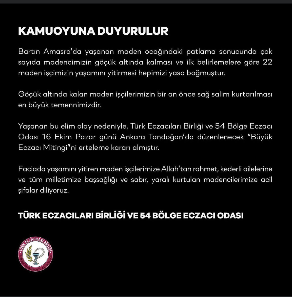 ecz_mtalip's tweet photo. #16EkimBüyükEczacıMitingi aylar öncesinden yapılan hazırlıklara ,planlara, yola çıkan ve şu anda Ankara’da olan destekçilerimize rağmen bu üzücü olaya kayıtsız kalınamazdı. Geçmiş olsun BARTIN https://t.co/DZO9YeeNZ2