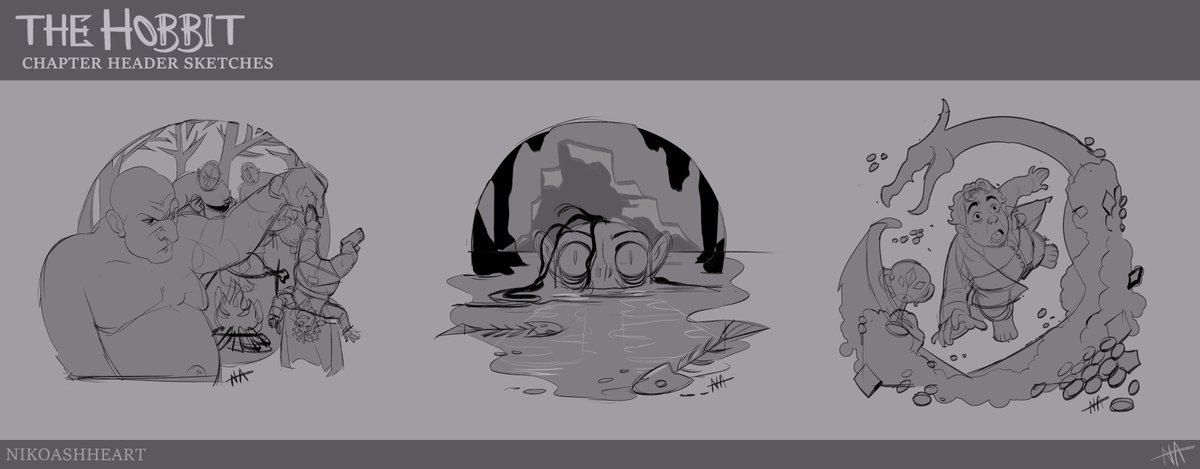 NikoAshheart's tweet photo. Here's some sketches for those #Hobbit chapter headers I mentioned! Featuring the #trolls, #Gollum, &amp; #Smaug. These will be finessed &amp; completed soon, &amp; I might do more!
 
#lotr #bilbobaggins #bilbo #tolkein #illustrationart #bookart #dragon https://t.co/13OV2sTmNL