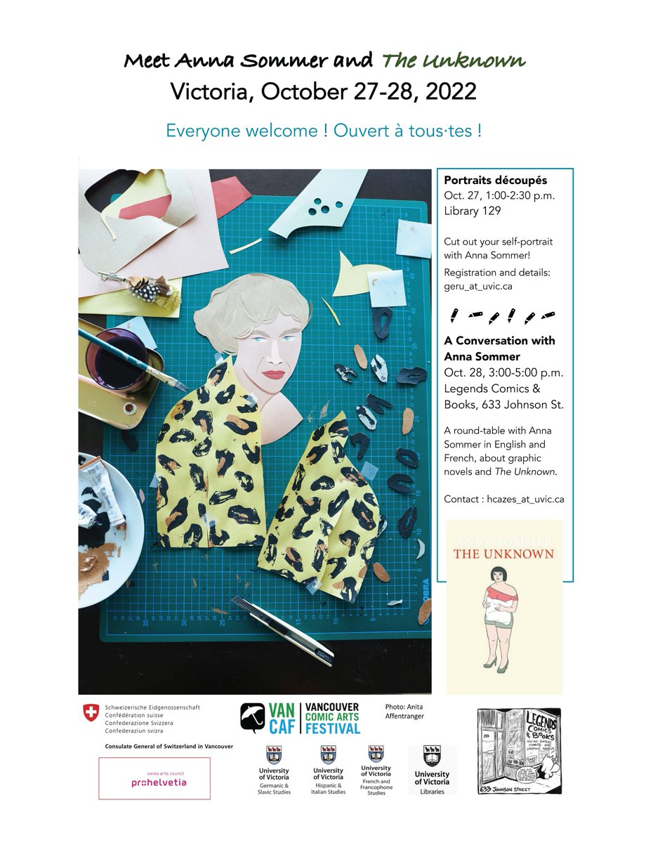 Together with @uvicfran, @uvichispital and @uviclib we are thrilled to welcome comics artist Anna Sommer for this unique and creative series of events. We gratefully acknowledge the generous support of @prohelvetia, <a href="/VancouverComics/">VanCAF</a> &amp; Consulate General of Switzerland in Vancouver