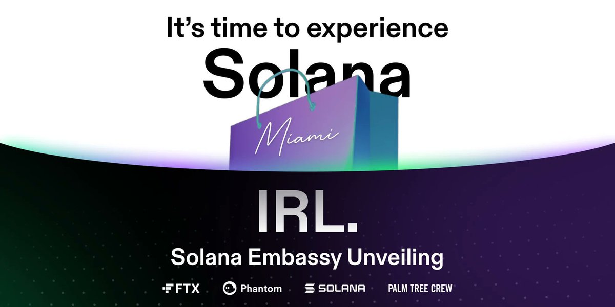 The Solana Embassy Miami Unveiling Party, from 8pm-12 on October 18.

Presented by <a href="/FTX_Official/">FTX</a> &amp; @Phantom, produced by <a href="/palmtreecrew/">Palm Tree Crew</a>.

Featuring:

- Music from <a href="/Astrals_NFT/">ASTRALS 💫</a> co-founder <a href="/MylesBONeal/">Myles O’Neal</a>
- Headlined by multi-platinum DJ <a href="/JonasBlue/">Jonas Blue</a>

We have 20 invites left. DMs open 😎