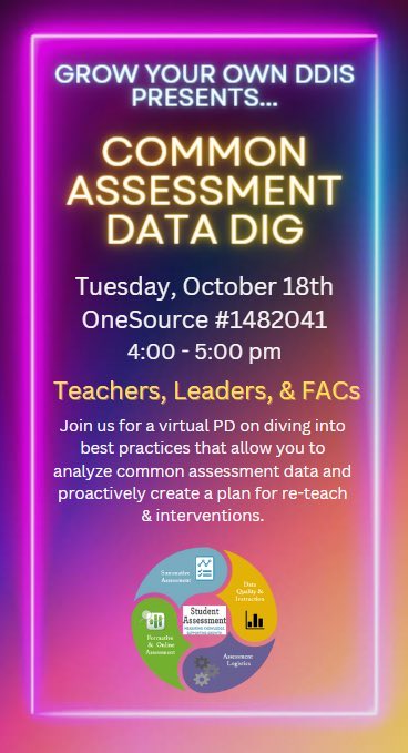 AshleyInEdu's tweet photo. LET’s GL🔆🔆🔆WW!!! The DDIS #GYOD series is hosting a virtual PD on 10/18 from 4-5pm. We’ll be exploring best practices for analyzing common assessment data🔍 & creating a 💪powerful action plan for re-teach/interventions! #BuildingExcellence 🚜#CommitToAction @HISD_Assessment https://t.co/pBWfTfavcK