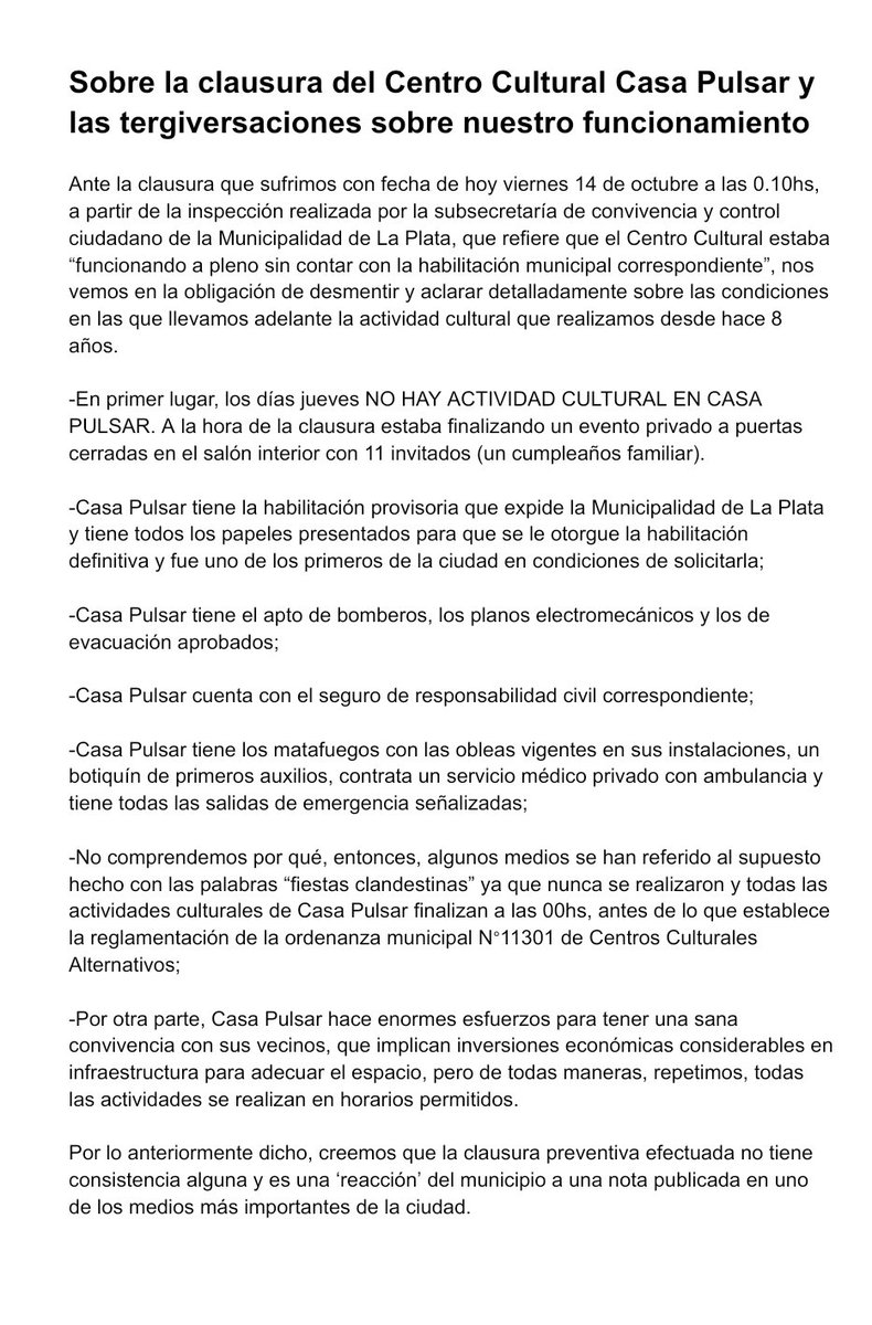 MartelliFede's tweet photo. Sobre la clausura de #CasaPulsar.
No vanos a permitir que la @LaPlataMLP mienta abiertamente sobre nuestro trabajo ni vamos a permitir que se persiga a la cultura platense. https://t.co/AFIgY2Y6xb