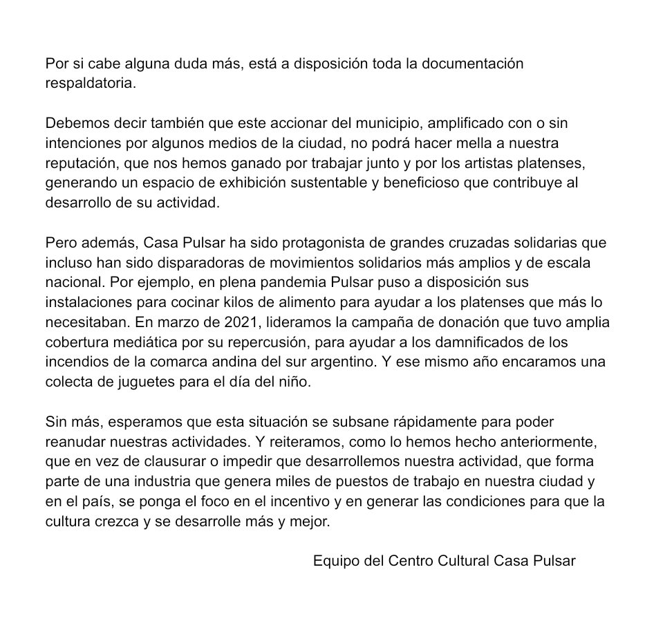 MartelliFede's tweet photo. Sobre la clausura de #CasaPulsar.
No vanos a permitir que la @LaPlataMLP mienta abiertamente sobre nuestro trabajo ni vamos a permitir que se persiga a la cultura platense. https://t.co/AFIgY2Y6xb