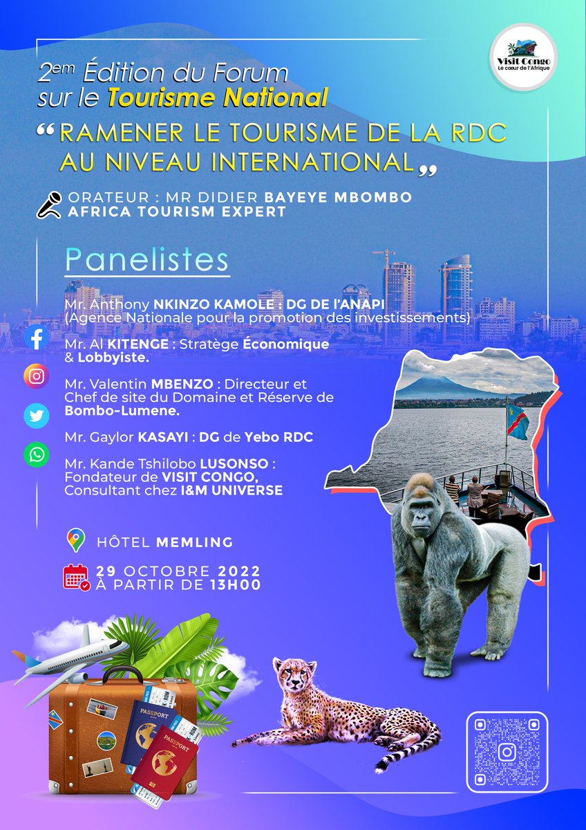 II FORUM SUR LE TOURISME NATIONAL

La deuxième édition du Forum sur le Tourisme National pointe déjà à l'horizon.

Nous y sommes tous invités par Monsieur Didier BAYEYE, expert en tourisme.

#VisitRDCongo
#ForumsurleTourismeNational
#ONT2022