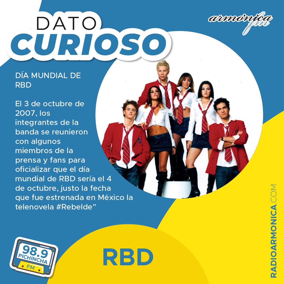 💡#DatoCurioso

Sabías que <a href="/RBD_oficial/">RBD</a> tiene su día mundial de conmemoración? 

98.9FM 📻 Pichincha 

#ArmónicaFM