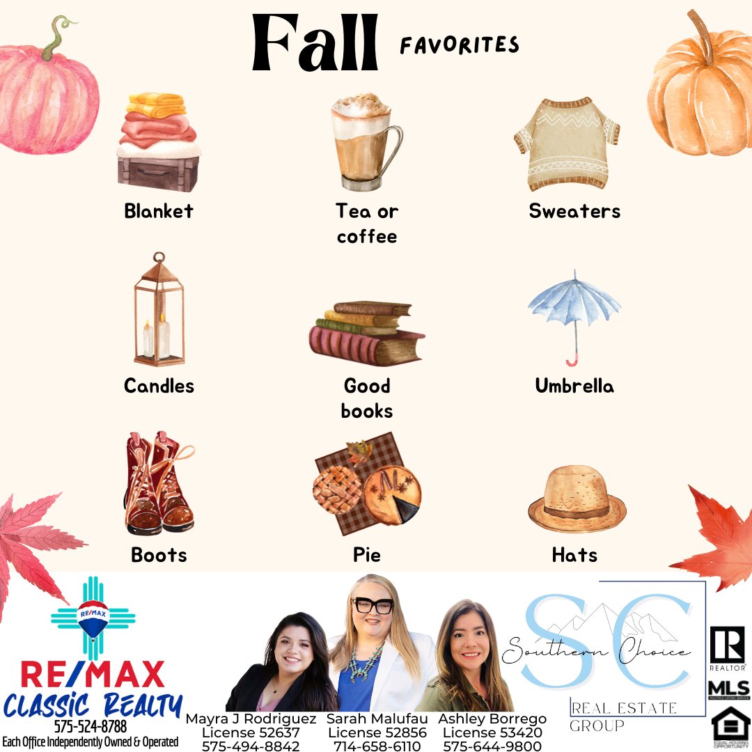 🍁#FALL #Favorites🛌🏻☕🧥🕯️📚☂️👢🥧👒
Sarah 714-658-6110
Mayra 575-494-8842
Ashley 575-644-9800
RE/MAX Classic Realty 575-524-8788
#cozy #goals #realtor #realestate #Home #LasCruces #LCNM #remax #buyers #sellers #housing #homeownership #newmexico #realestateagent #sold #buyers