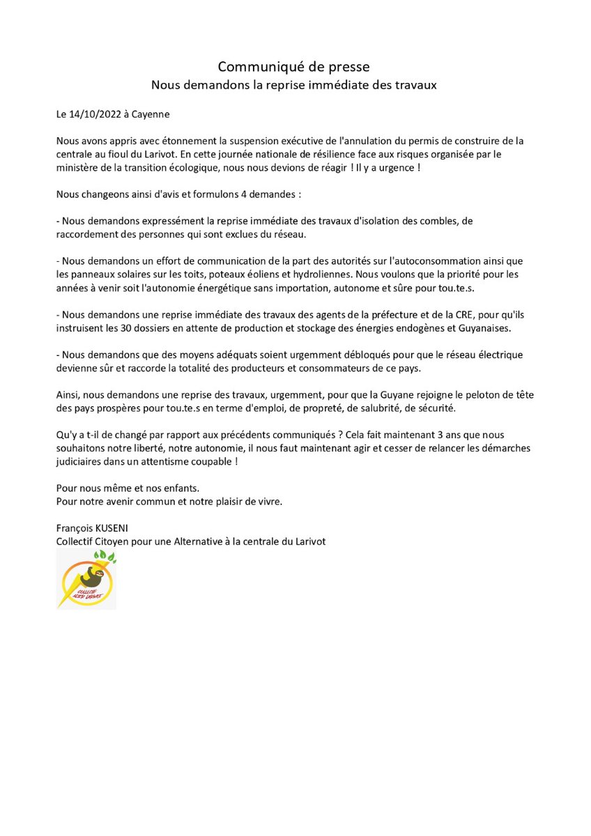 ALarivot's tweet image. Suite au jugement de la cour d'appel de Bordeaux
🌴🇬🇫🌴Le Collectif Alter Larivot a fini de tergiverser : Nous réclamons la reprise immédiate des travaux !
Le temps est passé, il y a urgence !
Pour mettre fin au risque de black out, pour raccorder tout le monde