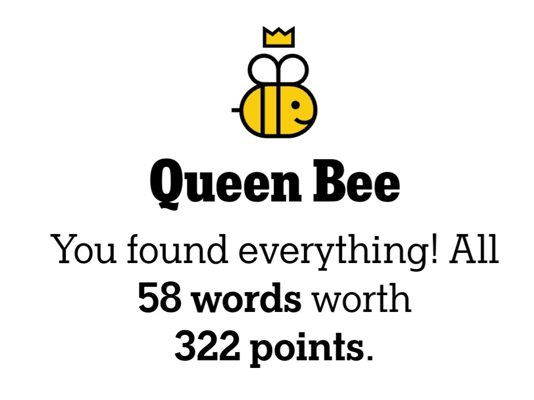 This was one beast of a #NYTSpellingBee. Even plumbing the dictionary and using @beesolved from just beyond Genius took a lot of work. Maybe we'll get something a little less arduous this weekend, but I wouldn't bet on it. #nytsb #hivemind #spellingbee