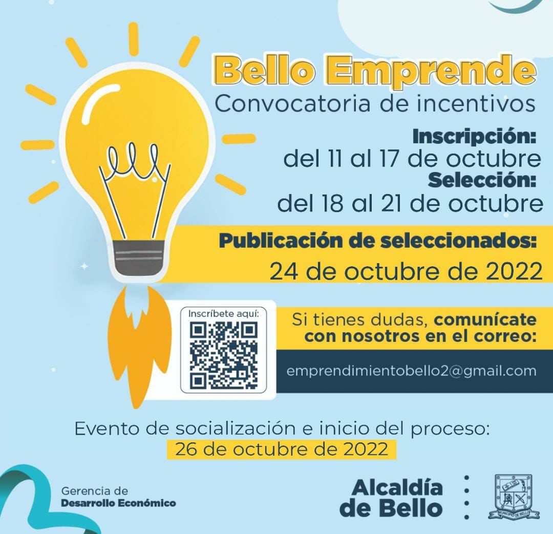 En Bello le apostamos a los emprendedores. Por eso, entregaremos incentivos a través de la convocatoria Bello Emprende, para fortalecer la construcción del tejido empresarial de nuestro municipio y la  consolidación de los emprendimientos. Inscripciones: tinyurl.com/BelloEmprende