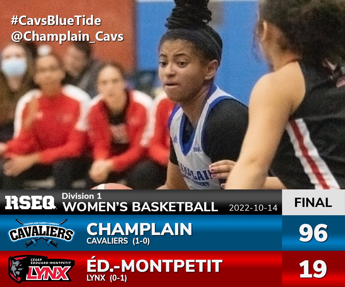 Champlain_Cavs's tweet photo. WOMEN'S BASKETBALL: A lopsided win for the Cavaliers as they take their season and home opener 96-19 over Édouard-Montpetit. The Cavs will face off against rivals Dawson next Friday on the road. #cavsbluetide #rollbluetide #thechamplaincavs https://t.co/cr5RW6eTUC