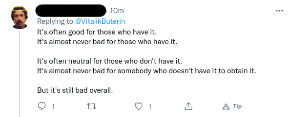 VitalikButerin's tweet photo. Select replies to my poll on blue checks, selected for... I'm not sure what exactly. But anyway: https://t.co/R1t9HbgYHx