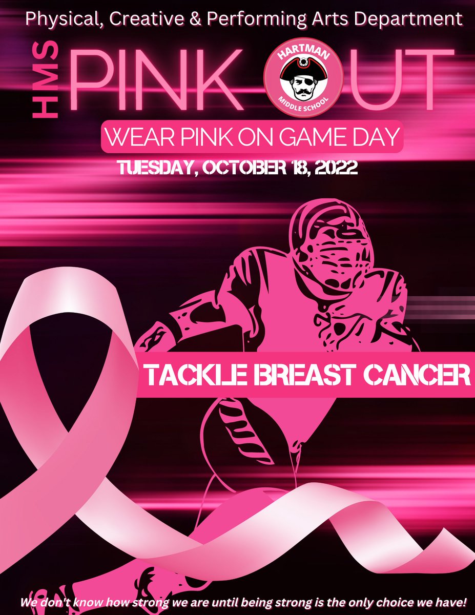 hartman_ms's tweet photo. It's #Hartman Football Pink Game Day in honor and support of  #BreastCancerAwarenessMonth Teachers and students wear your pink to show your support #pickout https://t.co/al1zPAPLxv