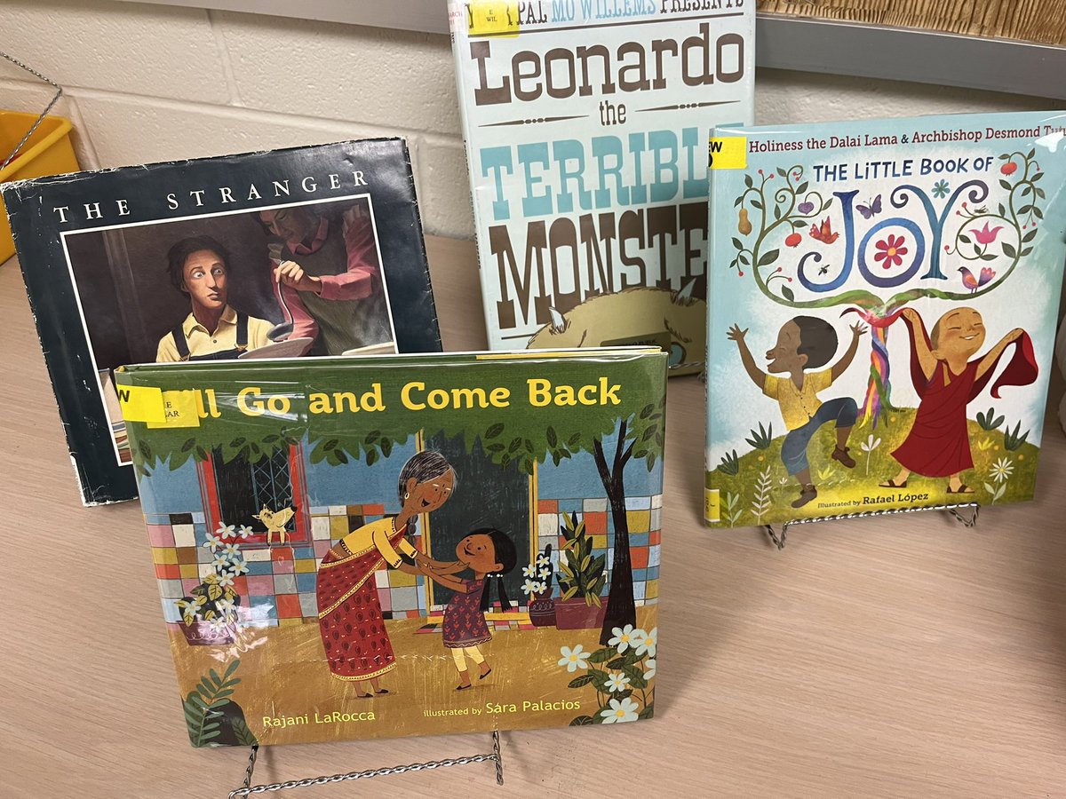This week’s #classroombookaday were The Stranger #chrisvanallsburg Leonardo the Terrible Monster <a href="/mowilliams/">Mo Williams</a> I’ll Go and Come Back @rajanilarocca The Little Book of Joy @rafaellopezart <a href="/TheDesmondTutu/">DesmondTutu Official</a> <a href="/DalaiLama/">Dalai Lama</a> #read #picturebooks <a href="/PrideRidge/">RidgeRaptorPRIDE</a> <a href="/Mrsyates272/">E</a>