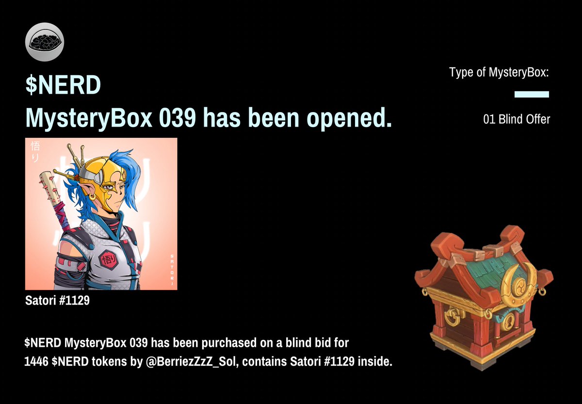 🎁 $NERD MysteryBox 039 has been revealed!🎁

$NERD MysteryBox 039 has been purchased on a blind bid for 1446 $NERD by <a href="/JohnathanKolpin/">BerrieZzZz Sol</a> and it contains @nft_satori. Congrats!🧠

Next box will be live in few hours in Discord.👀

#R2E #NAH #Raid2Earn 
<a href="/ApeNerdy/">Nerdy Ape Hub {🧠}</a> 🍇