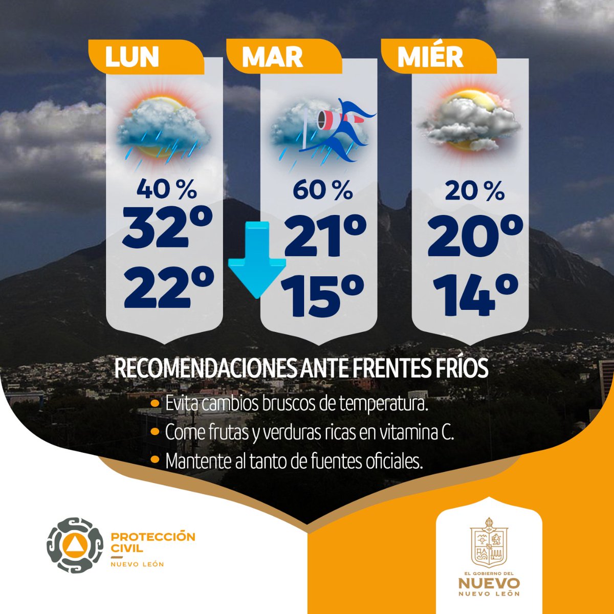 PC_NuevoLeon's tweet photo. #Atentos 

El arribo de un sistema frontal N.4, provocará descenso en las temperaturas, la tarde del lunes de acuerdo a información proporcionada por la @conagua_clima

⬇️ https://t.co/VyIGDRleF4