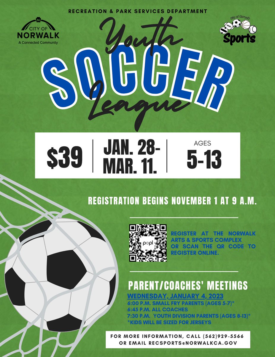 Have your young ones kick off the new year with Soccer! Practice/game times and dates to be announced after registration.
Mark your calendars as registration opens Tuesday, November 1! Register in-person at the Norwalk Arts &amp; Sports Complex or online at tinyurl.com/registernorwalk