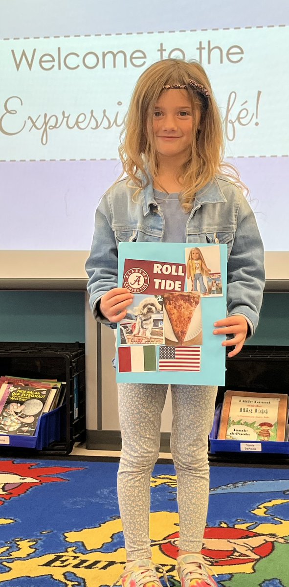 First Grade Expression Café!  Cam made a collage of who she is, what she loves and what makes her Cam!  😍🤣