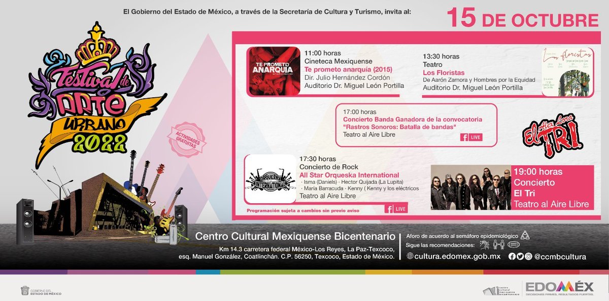 ¡#SegundoDía Del #FestivalDeArteUrbano! 
La entrada es libre, no te puedes perder el cine, teatro y el concierto de “El Tri”. ¡No faltes! #FAU2022
Checa el programa: bit.ly/3RUQyfg