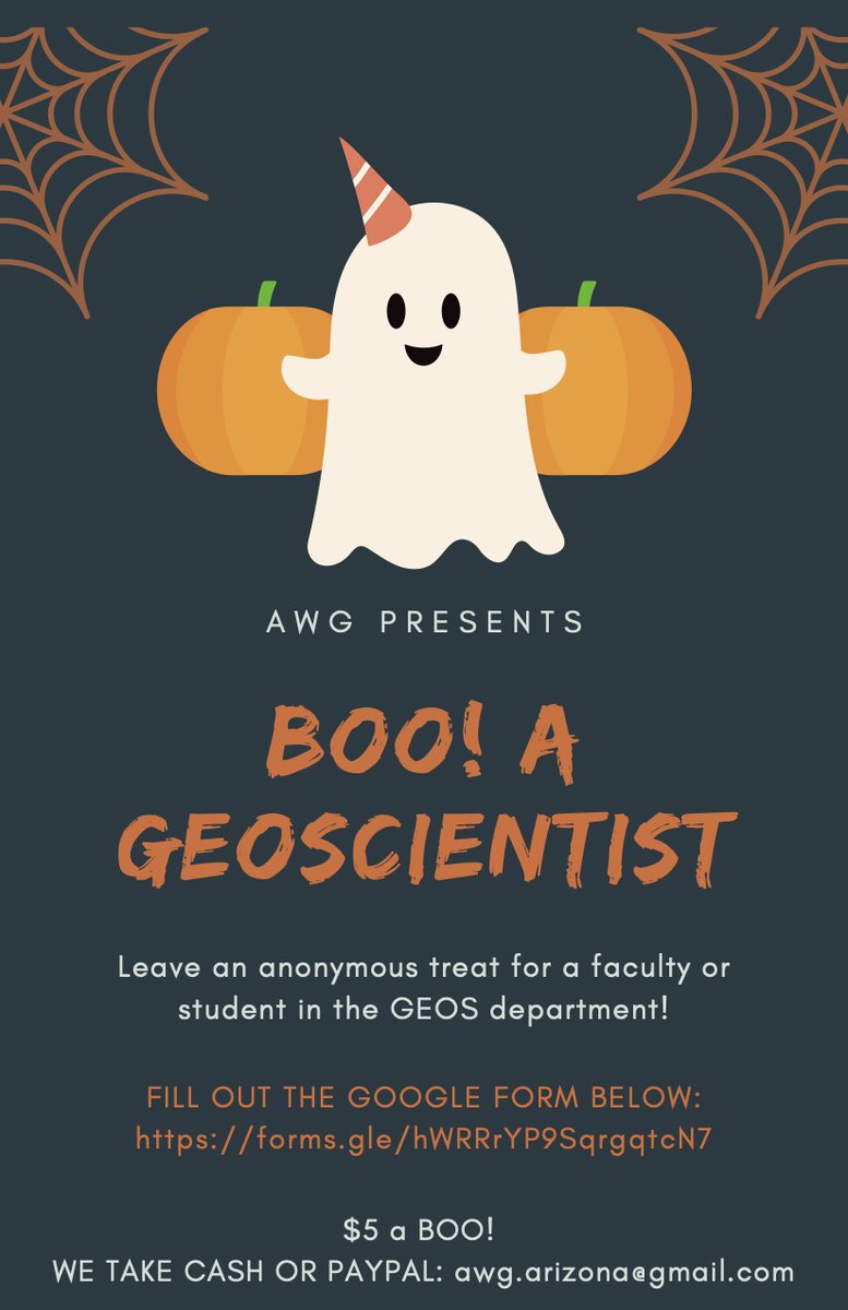 Arizona_AWG's tweet photo. NEW Fundraiser: BOO! A Geoscientist

Leave an anonymous treat for a faculty or student in the GEOS department here at UA. 

$5 a BOO! Cash or PayPal: awg.arizona@gmail.com

Fill out the google form here: https://t.co/OsOkZ8mDsu https://t.co/Gj89BL8bXv