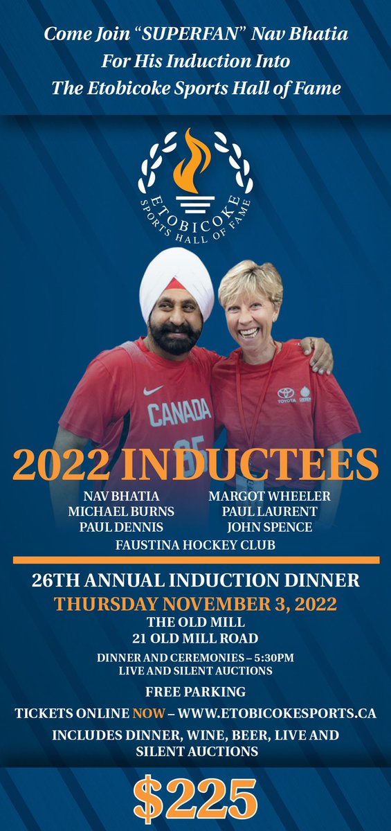 Join us for the 26th Annual Etobicoke Sports Hall of Fame Induction Dinner on November 3, 2022. 

Tickets: etobicokesports.ca