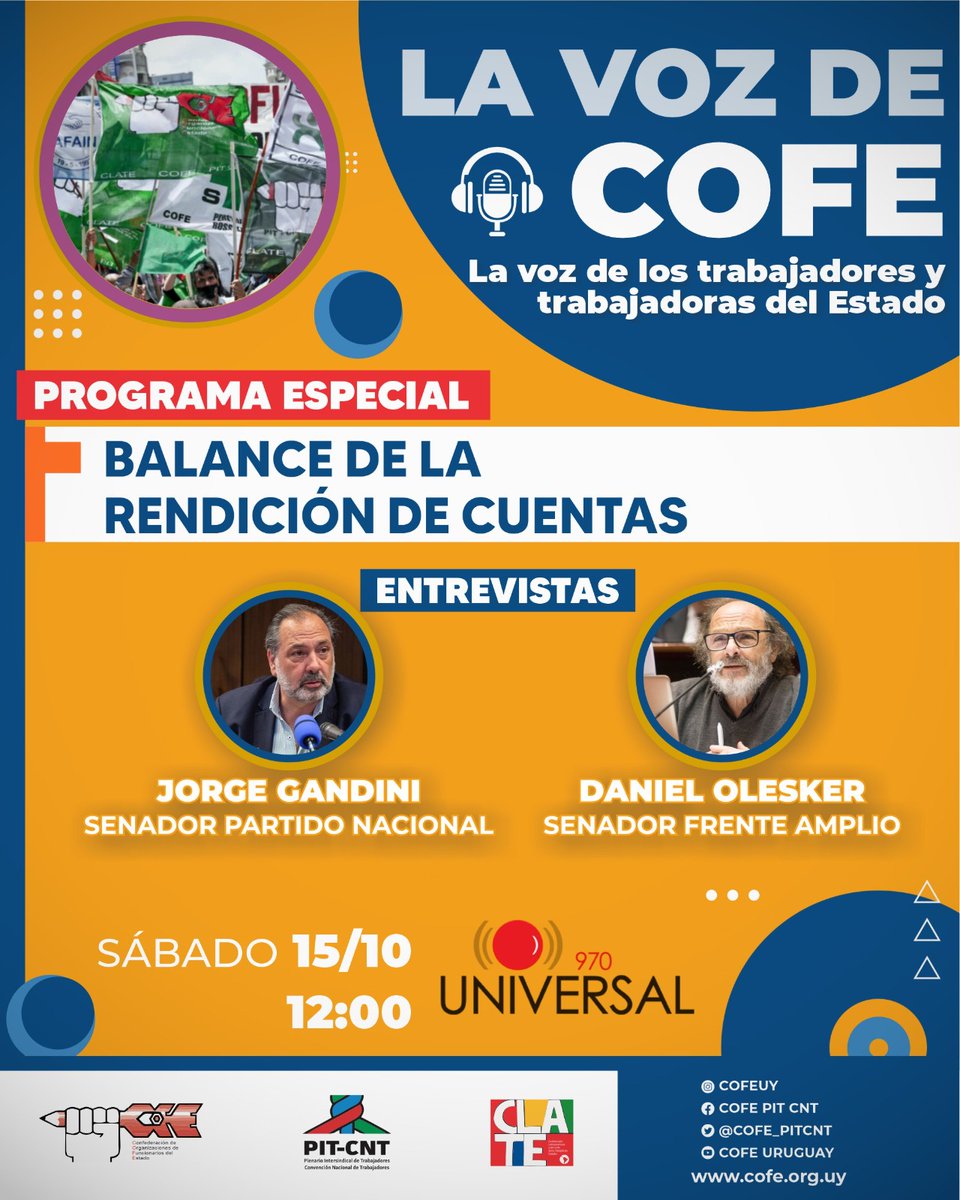 Los invito a escuchar este programa especial de la Voz de <a href="/COFE_PITCNT/">@COFE</a> mañana sábado al medio día por Radio Universal. 

<a href="/suinauoficial1/">SUINAU</a>
<a href="/PITCNT1/">PIT CNT</a>