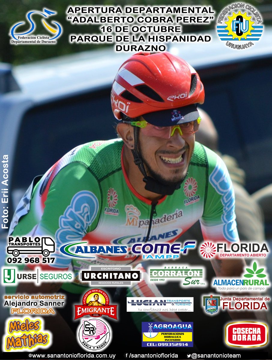 El domingo 16 de octubre estaremos compitiendo en el Apertura de la Federación Ciclista Departamental de Durazno , homenaje a Adalberto 'Cobra' Pérez. 
La competencia se disputara en el Parque De La Hispanidad de la cuidad de Durazno.
#elequipodeflorida #sanantonio70años