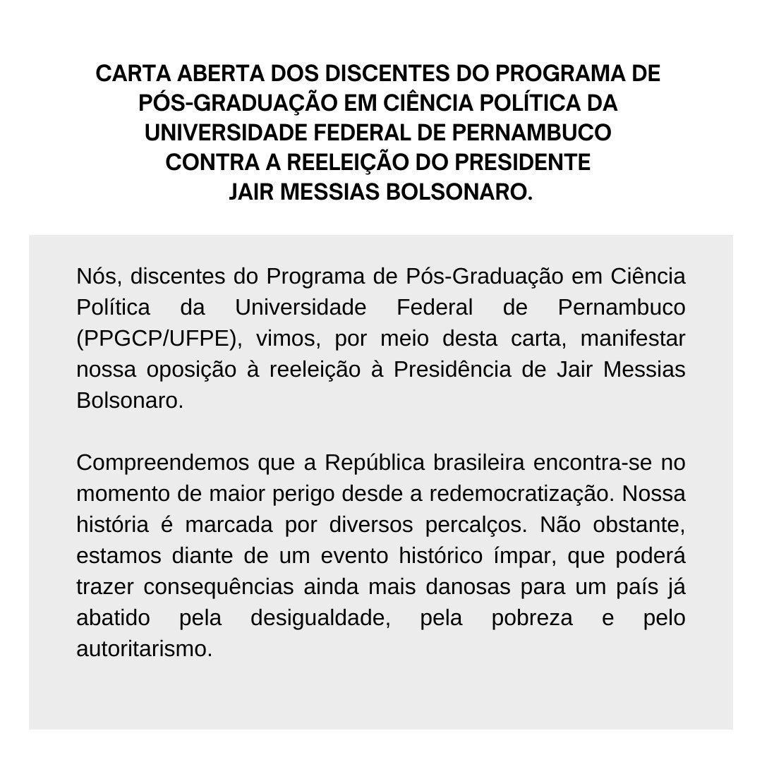 anaterezaduarte's tweet photo. Olá, pessoal! 

Os discentes do Programa de Pós-Graduação da UFPE @politicaufpe publicaram uma Carta Aberta contra a reeleição do Presidente Jair Messias Bolsonaro @jairbolsonaro. Seguem a Carta e os signatários! 🧵Por favor, compartilhem! https://t.co/kR4zEwiheD