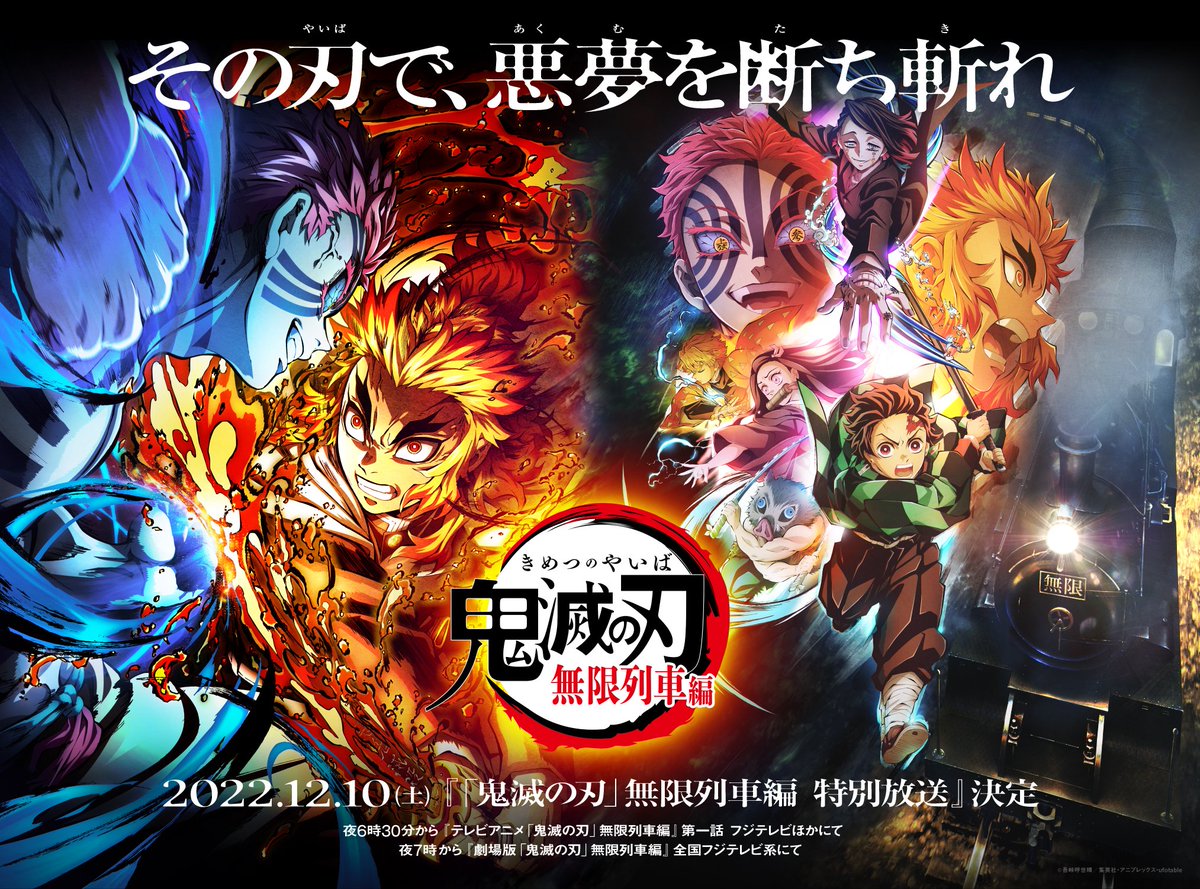 【「鬼滅の刃」無限列車編 特別放送】
12月10日(土)フジテレビ系にて放送決定。
■夜6時30分～テレビアニメ「無限列車編」第一話
■夜7時～劇場版「無限列車編」

放送後には、＜刀鍛冶の里編＞の最新情報を発表。
ぜひ最後までお楽しみください。

▼詳細はこちら
kimetsu.com/anime/news/?id…

#鬼滅の刃