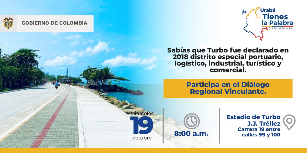 MincienciasCo's tweet photo. ¡#UrabáTienesLaPalabra! Juntos construimos las bases del Plan Nacional de Desarrollo 2022-2026, participa en nuestro próximo Diálogo Regional Vinculante. #TurboTienesLaPalabra
Inscríbete en https://t.co/mv5e8OZPoX 
📆19 de octubre 
🕛8:00 a.m. 
📍Estadio de Turbo JJ Tréllez https://t.co/PcrPucM2p8