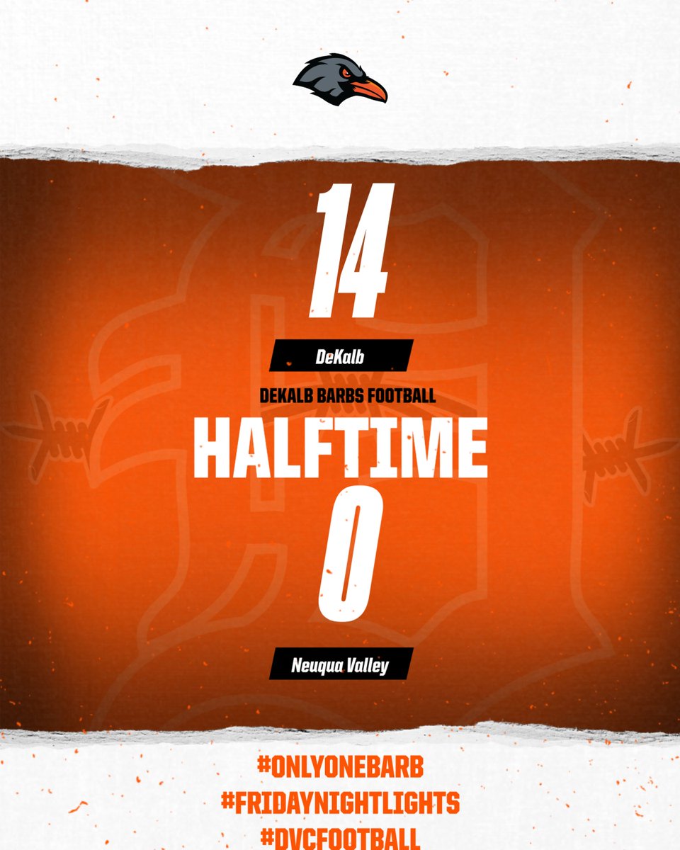 1barbathletics's tweet photo. At the half, @dekalb_football is up against Neuqua Valley! #onlyonebarb #fridaynightlights #dvcfootball https://t.co/GE82WP7Ach