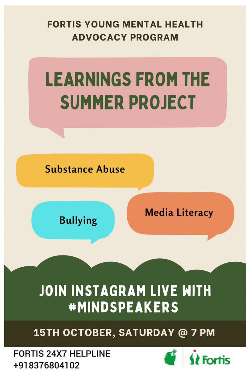 fortis_mhbs's tweet photo. Join #instagramlive on ‘Learnings from the #summer project with #MindSpeakers- Batch of 2022- Fortis Young Mental Health Advocacy Program 

15th October’22, Saturday @ 7 PM 

#mentalhealth  #advocacy 
#mindspace
@dr_samirparikh https://t.co/KtOlIHcqYr