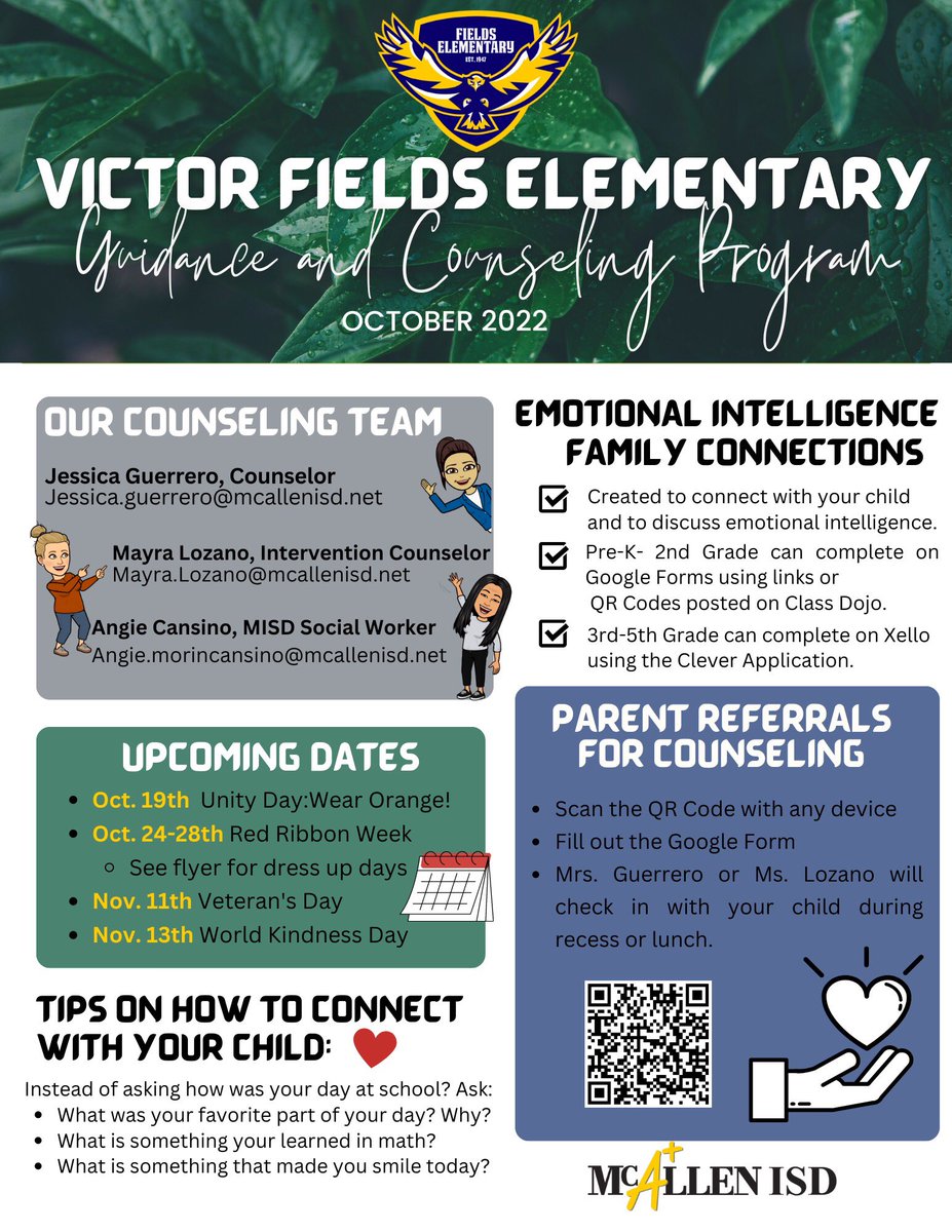 FieldsCounselor's tweet photo. Some great things happening with the @FieldsFalcons Counseling Department! We have our small groups up and running, some great upcoming emotional intelligence challenges and EI Family Connections! 💛💙💛💙 https://t.co/Pf77iAdIAr