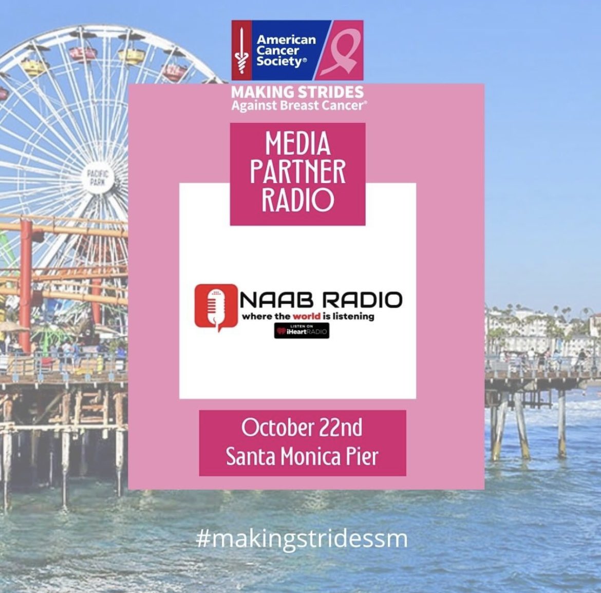 NAAB is now on board as our Radio Media Partner and will be broadcasting live from Making Strides Santa Monica. 

<a href="/naabradio/">NAAB Radio</a> is a 24-hour online radio station streaming live worldwide. 

Thank you NAAB Radio for helping us spread the word about the fight against breast cancer!
