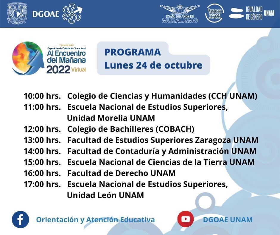 ¿Quieres ser parte de nuestra comunidad?👨‍⚖️👩🏻‍🎓🙇🏻‍♀️ Conoce la oferta académica de licenciatura y posgrado en Derecho. 🗓️Lunes, 24 de octubre ⏰16:00 h 🎦Transmisión en vivo por el Facebook de Orientación y Atención Educativa. ¡Te esperamos!